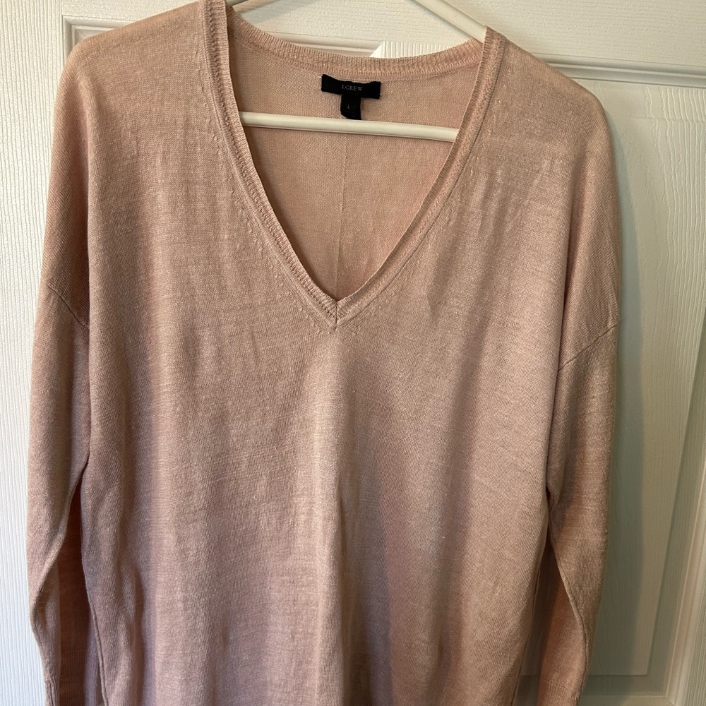 J. Crew Women's 100% Linen Peachy Pink V Neck Sweater Size Large